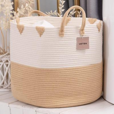 China 3 Set Cotton Rope Basket Large Capacity Round Woven Cotton Rope Basket Stitched Stocked Premium Cotton Rope Basket for sale