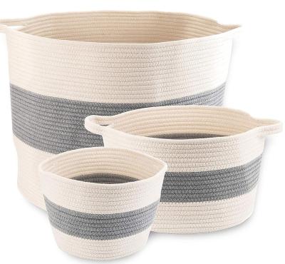 China New Product Stored Cotton Rope Stocked Basket Strip Woven Vegetable Plankton Storage Basket With Handle for sale