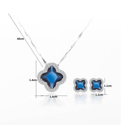 China Newest 2021 Women Luxury Blue Four Leaf Clover 925 Sterling Silver Pendant Necklace Earring Set for sale