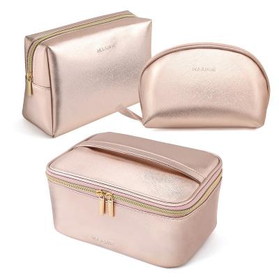 China Hot Sales Durable 3pcs Rose Gold Sliver Travel Bag Customized Wash Bag PU Waterproof Cosmetic Make Up Case Bag For Ladies for sale