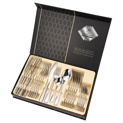 China Amazon Luxury 1010 High Quality Disposable Mirror Polishing 24 Pcs Stainless Steel Gold Flatware Set Silverware With Gift Box Case Wholesale for sale