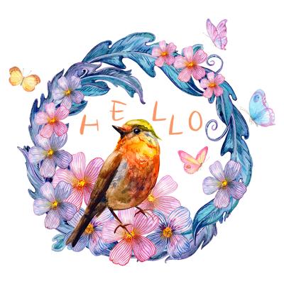 China Waterproof+Eco-friendly English Hello Little Bird Wreath Butterfly Wall Sticker Removable Wall Stickers Living Room Decal Wholesale Decoration for sale