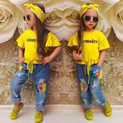 China Yellow Summer Designer Kids Girls Dress Clothes Sets Europe And American Sleeve Letter Sovereign for sale