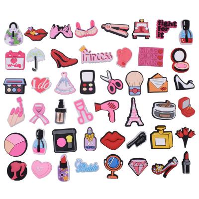 China Shoe Decoration Charm Shoe Decoration Charms Designer New Women Croc Shoes Charms Girl Power Accessories Beauty Lipstick Queen Clog Shoe Charms Make Up Decoration Pink for sale