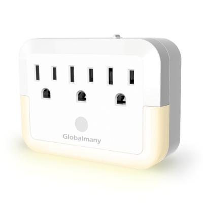 China Residential / Multipurpose Many Power Strip Wall Mount Outlet Power Adapter with 3 AC Outlets and White LED Night Lights for sale