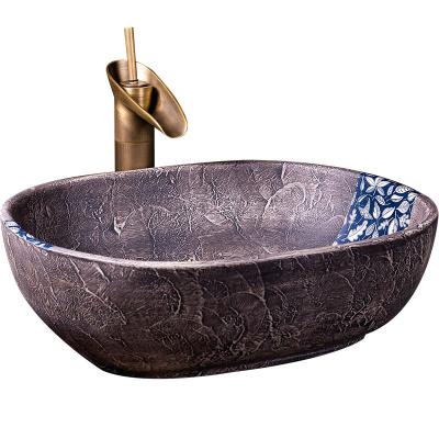 China 1300 Degree Fired Dark Gray Blue And White Bathroom Wholesale Chinese Antique Color Art Design Ceramic Basin For Hotel for sale