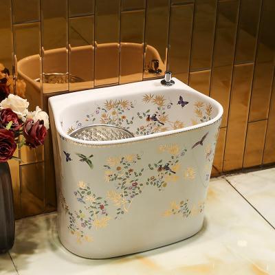 China 1300 Degree Fired Warehouse Porcelain Made American Standard Bathroom Round Sink Basin Mop Sink Bowl Flower Bird for sale