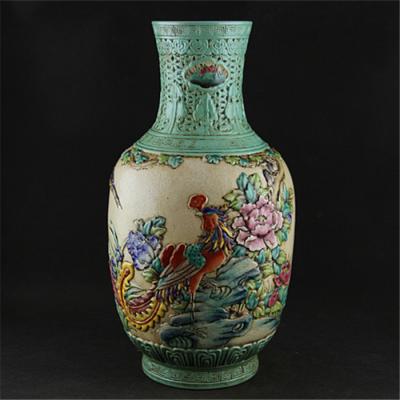 China Traditional Chinese Antique Chinese Hand Carved Phoenix Design Porcelain Family Rose Fancy Ceramic Vase for sale