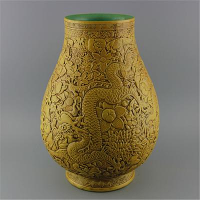 China Antique Traditional Chinese Jingdezhen Hand Carved Ceramic Yellow Dragon Design Porcelain Vase For Collection for sale