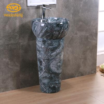 China Hand Wash Single Hole Rectangular Bathroom Marble Art Ceramic Stand Alone Wash Basin for sale