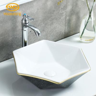 China Hand Wash Floral Innovation Black Diamond Decoration Hexagon Art Designed Sanitary Ceramic Hand Sink Bathroom Sink for sale