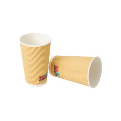 China 12OZ Ripple Biodegradable Custom Wall PE Liner Yellow Insulated Coffee Paper Cup for sale