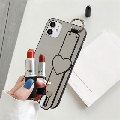 China Anti-drop Girl Make Up Mirror Cell Phone Back Cover For iPhone 7 8 X XS XR 11 12 Pro Max Soft TPU Strap Heart Shaped Phone Case for sale