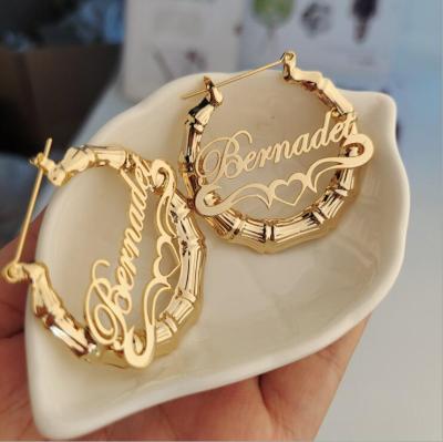 China CLASSIC Hot Sale Custom Stainless Steel 18k Gold Plated Personalized Name Bamboo Hoop Earrings Women for sale