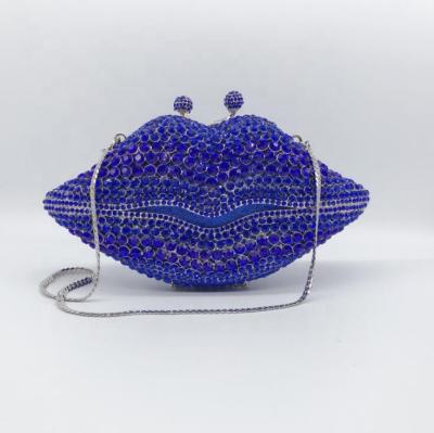 China Blue Lipshape Crystal Bag Sparkle Hardcase Full Crystal Bag Rhinestone Top Fashion Clutch Wedding Handbag for sale