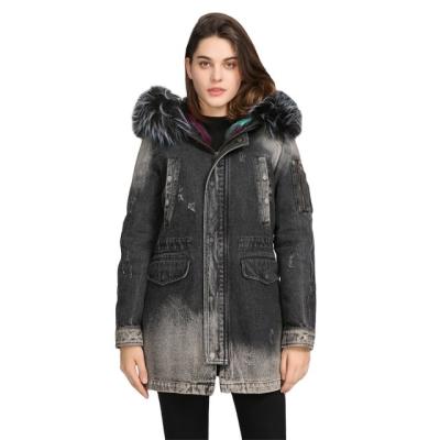 China Plus Size Customized Ladies Faux Fur Collar Washed Women Winter Coat Jeans Denim Jacket for sale