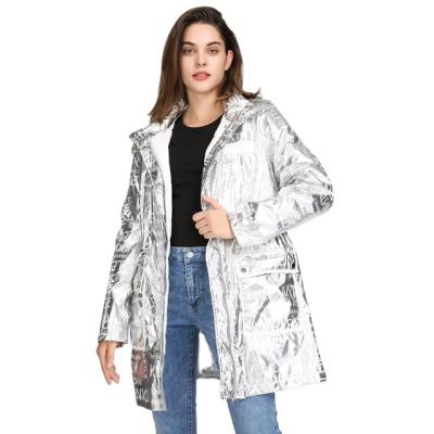 China Customized spring autumn ribbon shiny print ladies waterproof hooded overcoat plus size women long trench coat for sale