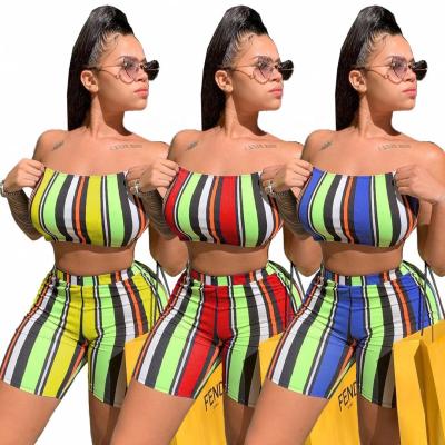 China 2021 QUICK DRY summer two piece set off shoulder two piece pants set stripe short two piece biker shorts set for sale