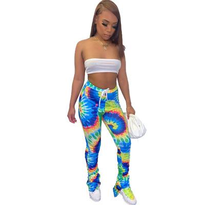 China Breathable New Arrivals Mid Waist Sports Tracksuit With Ruched Sides Tie Dye Stacked Womens Legging Pants for sale