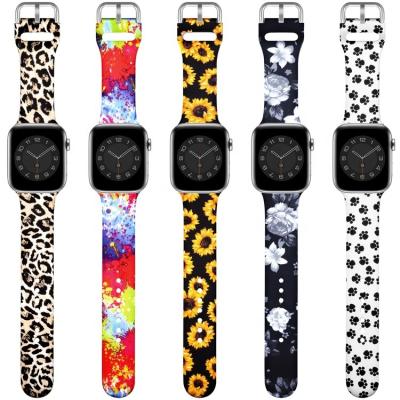 China Water Resistant Printed Smart Rubber Strap For Series 6 Flower Stripe Leopard Print Silicone Watch Band Strap For Apple iwatch Se 6 5 for sale