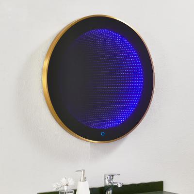 China Hot Selling Magnifying Bath Mirrors for Home and Hotel Decorative Wall with 3D Magical Smart Infinity LED Lights Gold Black Round Metal Frame for sale