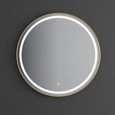 China Magnifying Cosmetic Mirror Gold Round Metal Framed LED Bath Mirrors with Dimmable Light for Hotel and Apartment Bathroom for sale