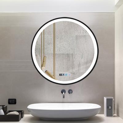 China Magnifying Vanity Mirror with Lights Black Round Metal Frame Bath Mirrors with Digital LED Clock and Optional Dimmable Lights for sale