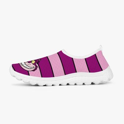 China Fashion Trend Unisex Casual Shoes Fashion Breathable Walking Shoes Cartoon Cat Logo Custom Pink Stripe Upper No Laces Shoes for sale