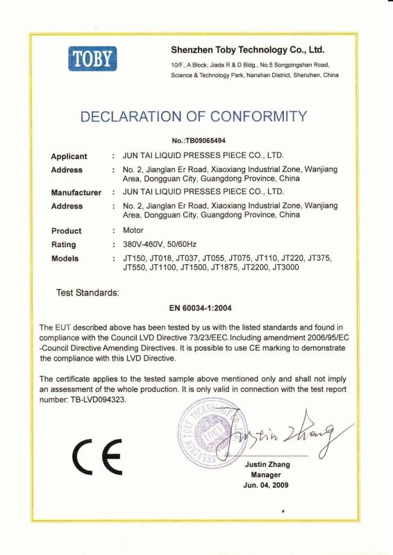 CE - Guangdong Juntai Hydraulic Technology Co., Ltd.