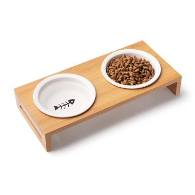 China Sustainable Food Bowls Raised Cat Bowls for Food and Water Double Ceramic Cat Bowl Raised Dishes with Bamboo Stand for sale