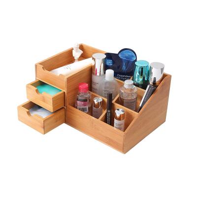 China Sustainable Makeup Organizer Bamboo Wood Vanity Countertop Organizer Cosmetic Jewelry Storage Tray with Drawers for Bathroom for sale