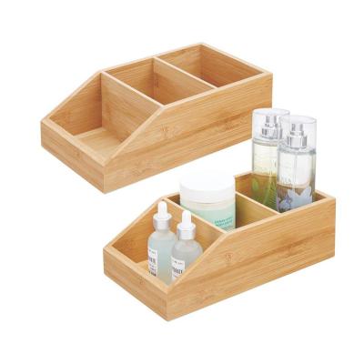 China Sustainable Bamboo Wooden Compact Organizer Bin Box Bathroom Storage 3 Sections Cabinets Divided Shelves for sale