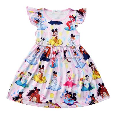 China Anti-Static Baby Kids Summer Clothes Milk Silk Cotton Knee Length Printing Ruffles Float Sleeve Dress for sale