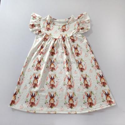 China Wholesale Anti-static Baby Clothes Kids Dress Design For Spring Easter Day Cute Rabbit Printed Pearl Dress Smocked Easter Milk Silk for sale