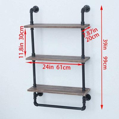 China 24in Sustainable Rustic Pipe Shelf Wooden Shelf With Towel Bar Towel Rack, Floating Shelves Metal Floating Shelves Above Toilet for sale