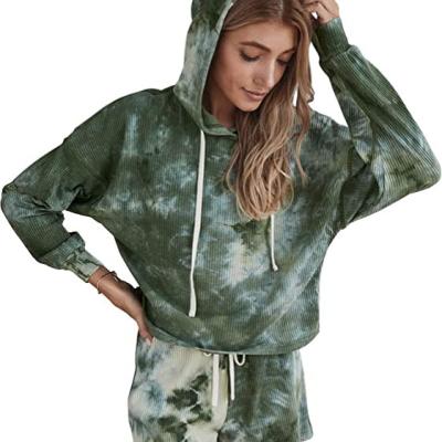 China Anti-Wrinkle Apparel Women's 2 Pieces Outfit Tie Dye Hoodie Sweatsuit Set Casual Long Sleeve Top And Short Tracksuit Set for sale