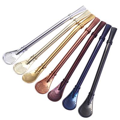 China Creative Non-slip P144 304 Stainless Steel Seven-color Straw Spoon Non-slip Western Reusable Straws for sale