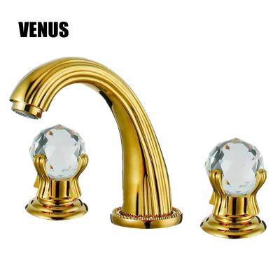 China Metered Faucets Faucets Mixers Taps Gold Luxury Ceramic Faucet 3 Hole Basin Mixer Tap 3 Way Cartridge Brass Bathroom Fixture for sale