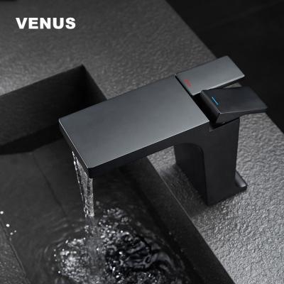 China Metered Faucets Matte Black Color Bathroom Faucet Deck Mounted Single Hole Lavatory Basin Mixer Tap for sale