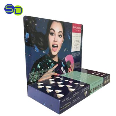 China Custom Morden Box Cardboard Counter Cosmetic Display Logo Makeup Mac Cosmetic PDQ Counter For Lipstick for sale