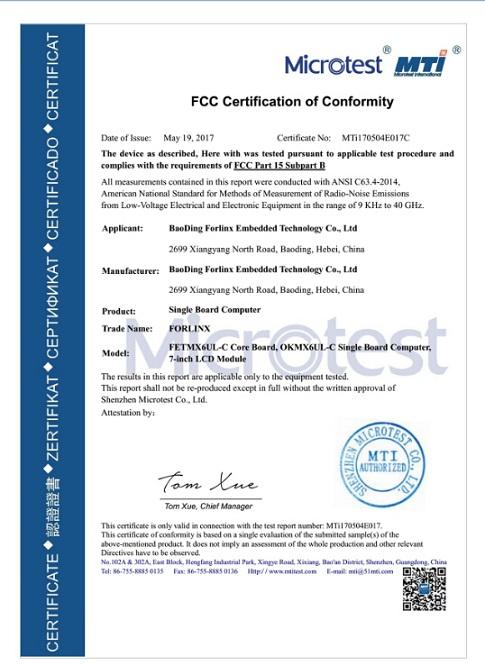 FCC - Baoding Forlinx Embedded Technology Co., Ltd.