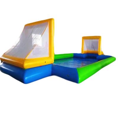 China Huge Over Ground Pool Slide Waterslide With Inflatable Barrier Line Beach Water Volleyball Yard Pool Water Volleyball Sea Game for sale