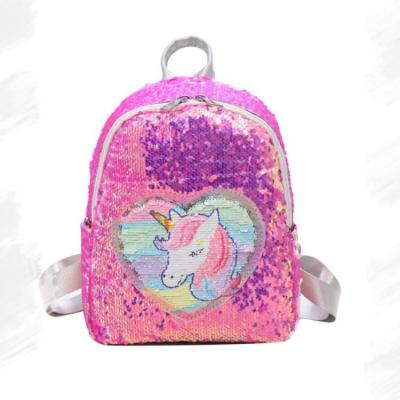 China New waterproof kids unicorn school bag girls spill sequin backpack with heart for sale