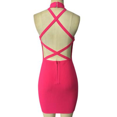 China Sleeveless One Piece Party Dress Designer Halter Neck Bandage Dress Dry Cleaning Mini Backless Dress Tube Cross for sale