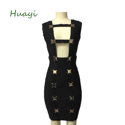 China Anti-Wrinkle Black Bandage Dress Low Cut Mental Bandage Dress for sale