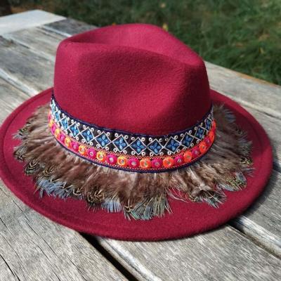 China E-XIU Boho Style Elegant Women Artificial Wool Hat Autumn Wide Woman Panama Sombrero Winter Common Hat For Party for sale