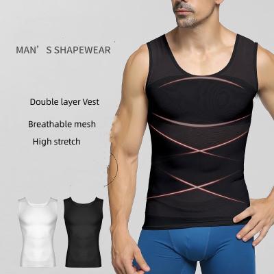 China Breathable Hot Selling  Men's Slimming Double layers Mesh Body Shape wear Corset Fitness Compression Tank Top Men's Body Shaper Vest for sale