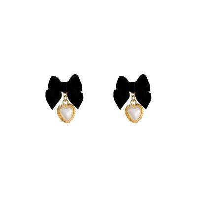 China CLASSIC Hot Black Velvet Bow Love Heart Shape Imitation Pearl Drop Earrings For Women for sale