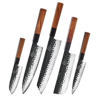 China Mkuruti Professional Disposable 3 Layer High Carbon Steel Wood Handle Blade Chef Nakiri Santoku Paring Kitchen Knife Handmade Black Set for sale