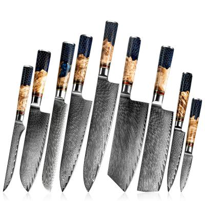 China 9 Knife Set AUS 10 Pcs Disposable Steel Damascus Chef's Kitchen Knife Set With Resin Honeycomb Handle for sale